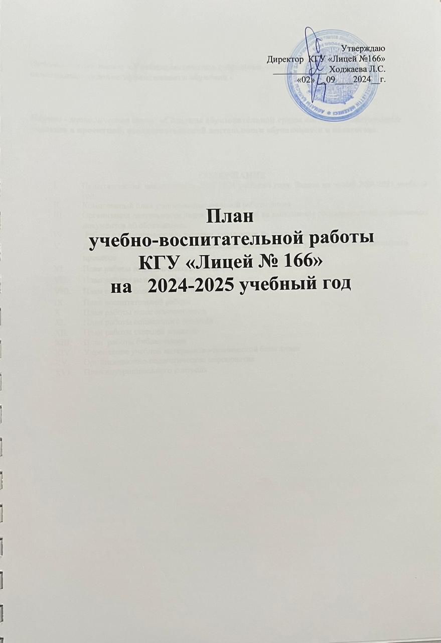 План учебно-воспитательной работы КГУ "Лицей №166" на 2024-2025 учебный год