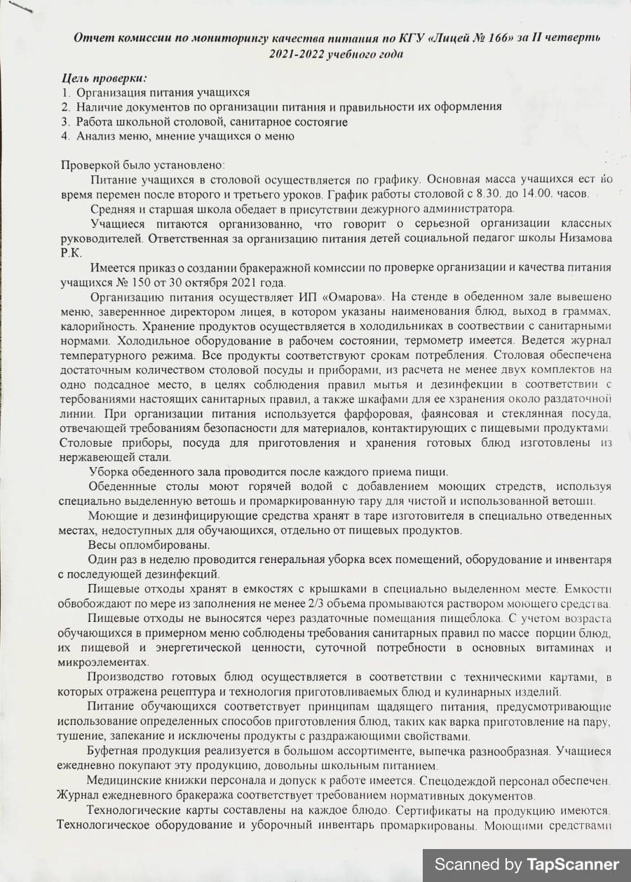 Отчет комиссии по мониторингу качества питания по КГУ «Лицей № 166»  за ІІ четверть 2021-2022 учебного года
