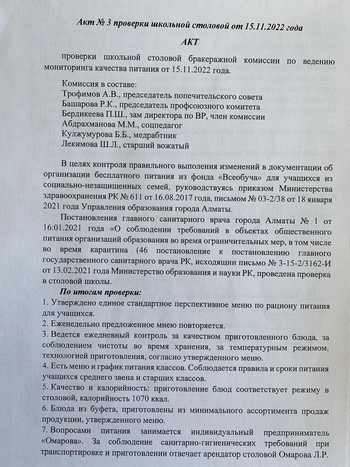 Акт проверки школьной столовой № 3 от 15.11.2022 года