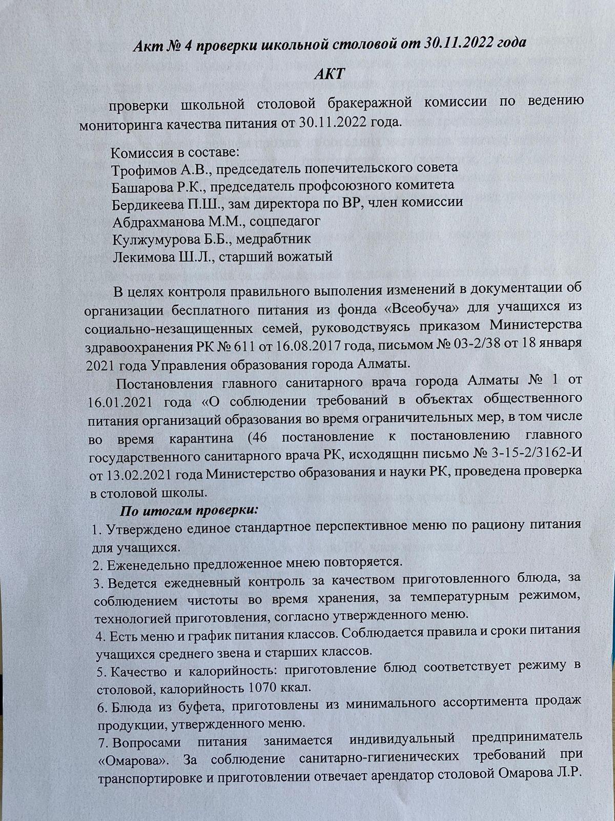 Акт проверки школьной столовой № 4 от 30.11.2022 года