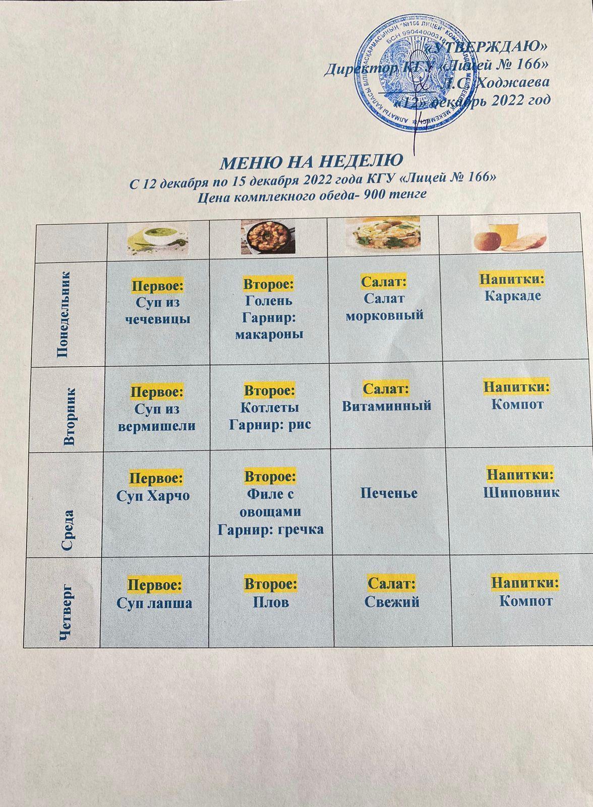 Меню 12-15 декабря 2022 у.г.