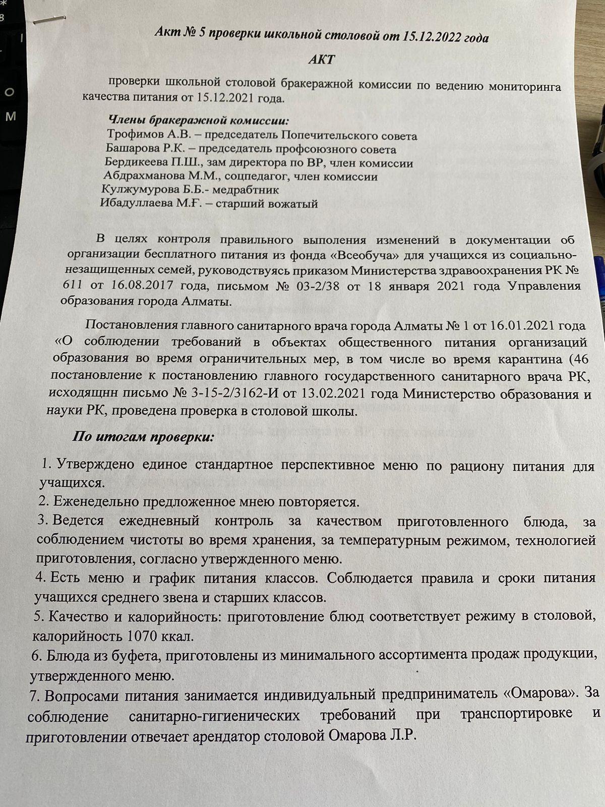 Акт проверки школьной столовой № 5 от 15.12.2022 года