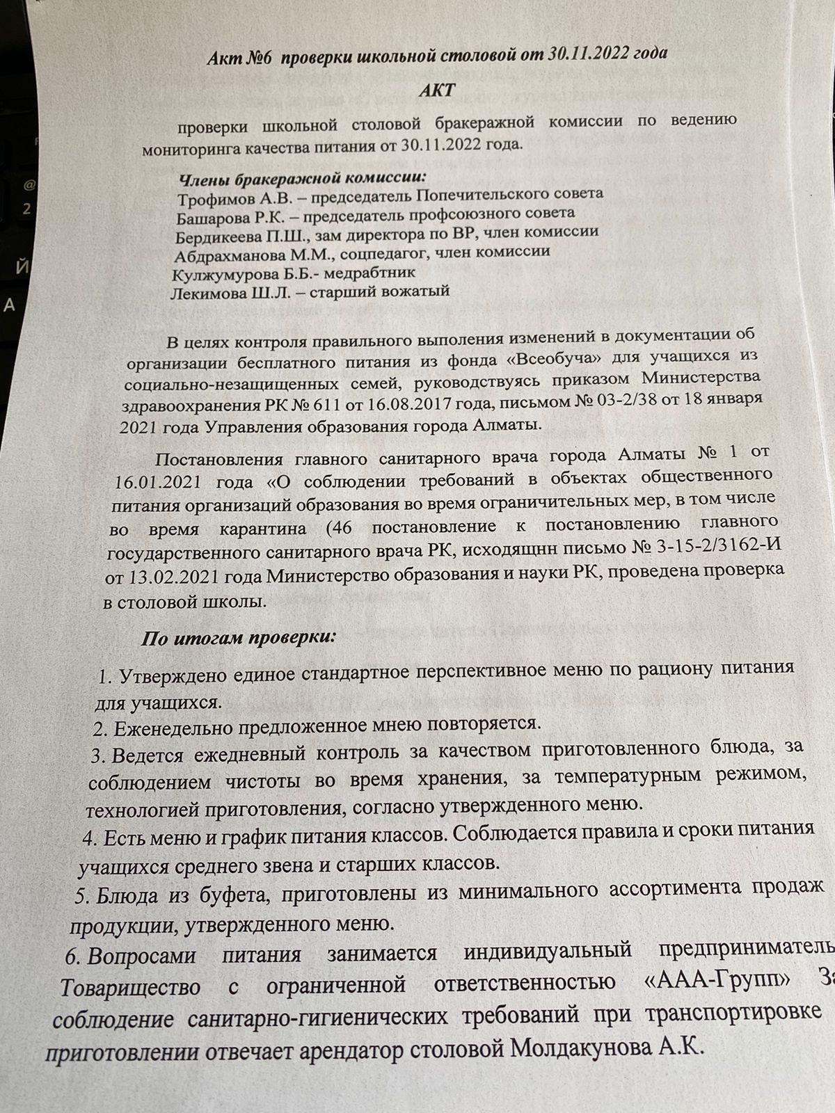 Акт проверки школьной столовой №6