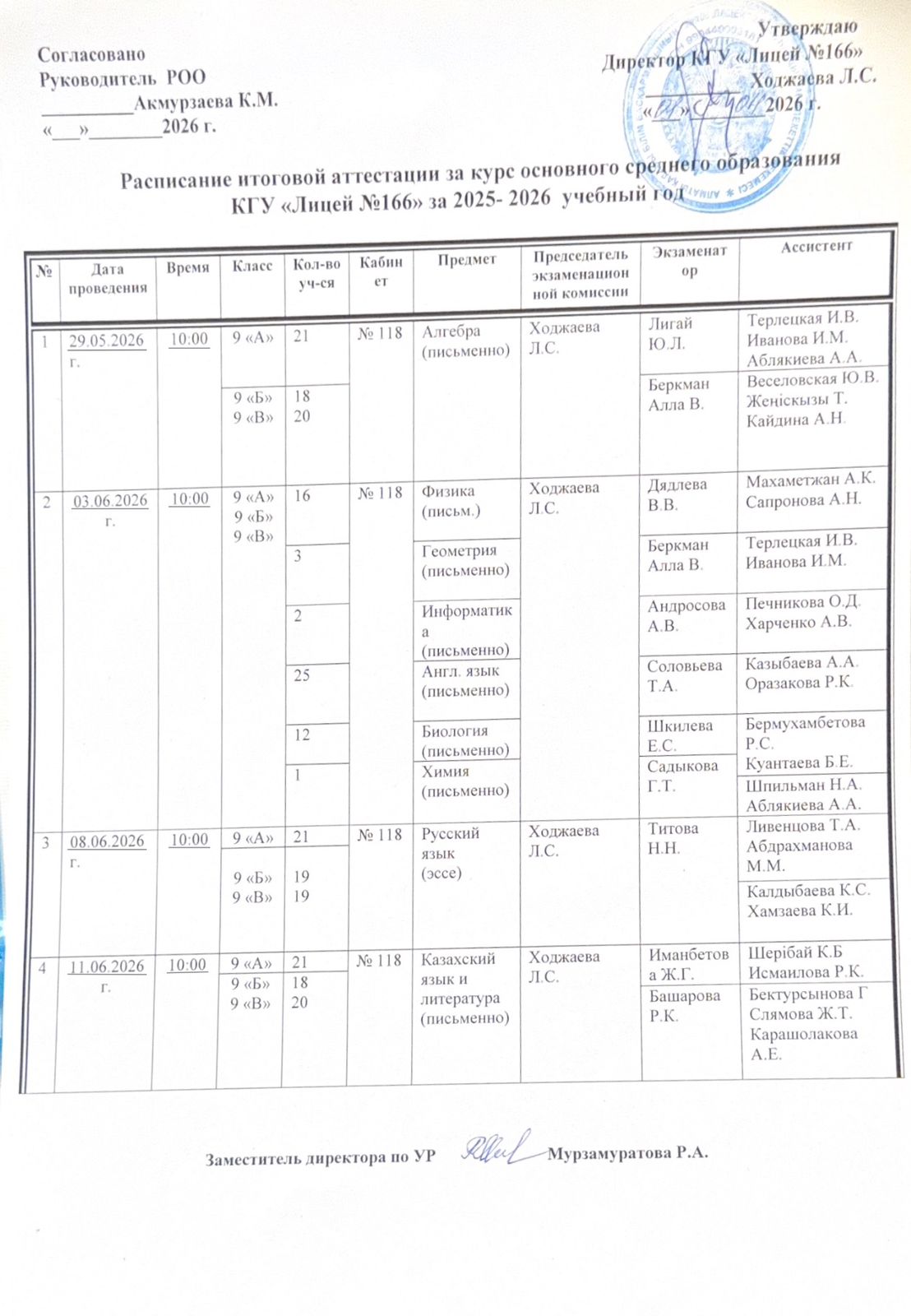 Расписание итоговой аттестации за курс основного средного образования КГУ "Лицей №166" за 2025-2026 учебный год